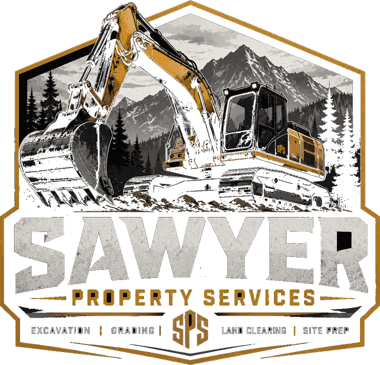Sawyer Property Services badge logo — excavation, grading, land clearing, and site prep in Sebago, Maine